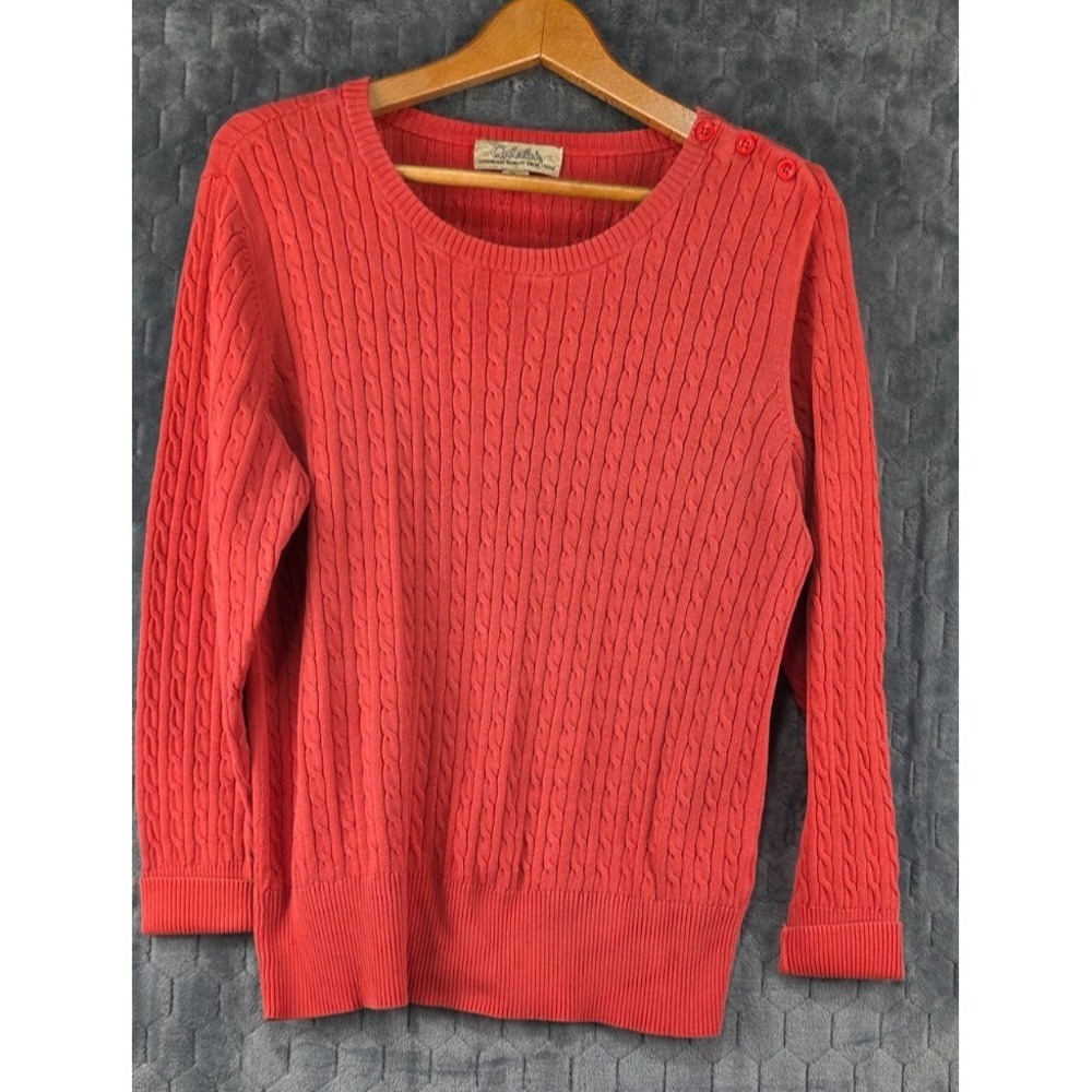 Cabelas Women's Sz L Cable Knit Pullover Long Sleeve Tunic Sweater Coral Orange
